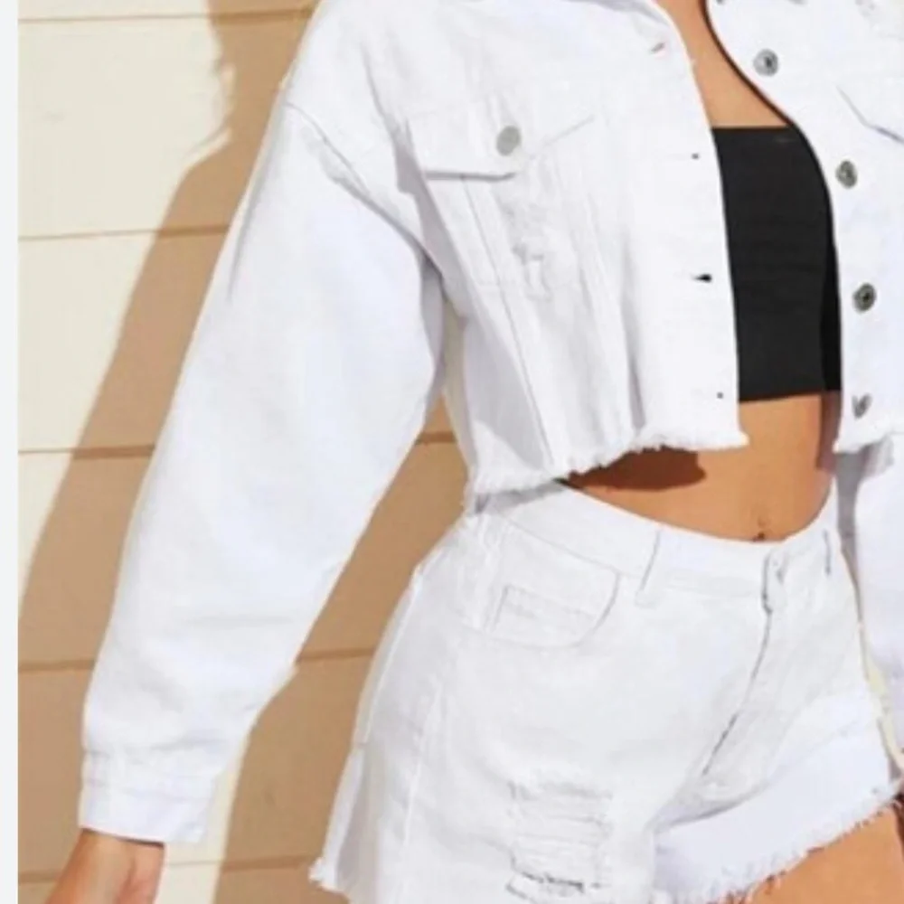 SHEIN White Jean Distressed Denim Crop Jacket S NWOT